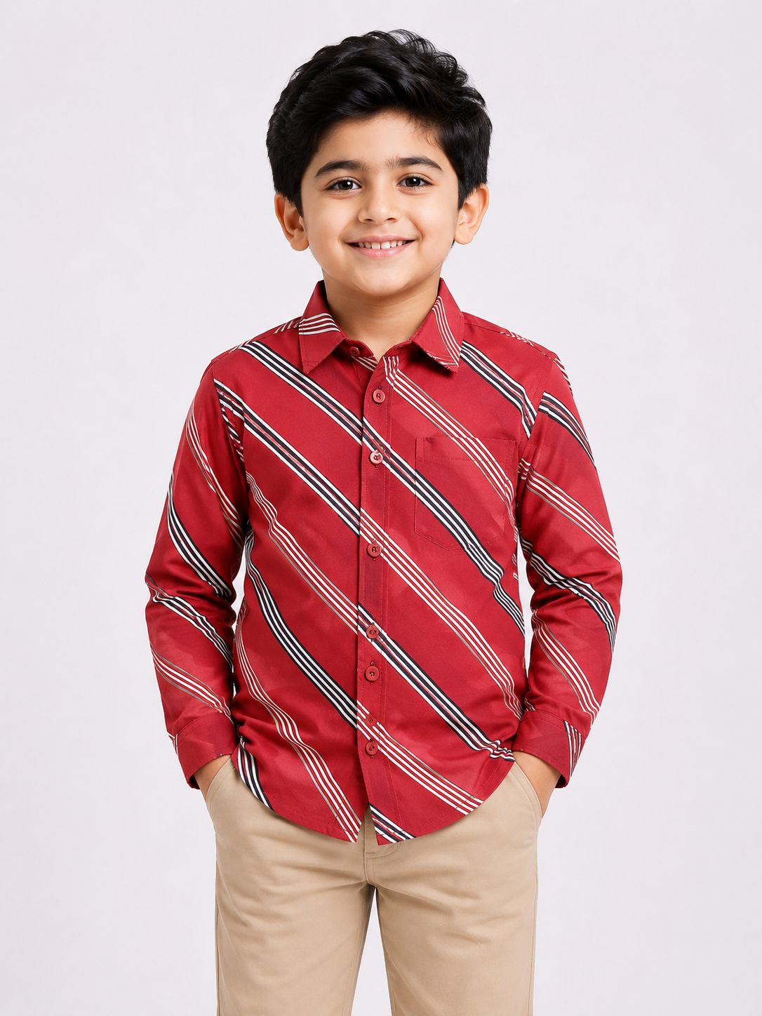 Boys' Red Striped Long Sleeve Button Down Shirt