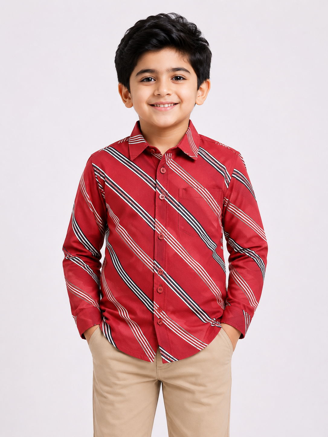 Boys' Red Striped Long Sleeve Button Down Shirt