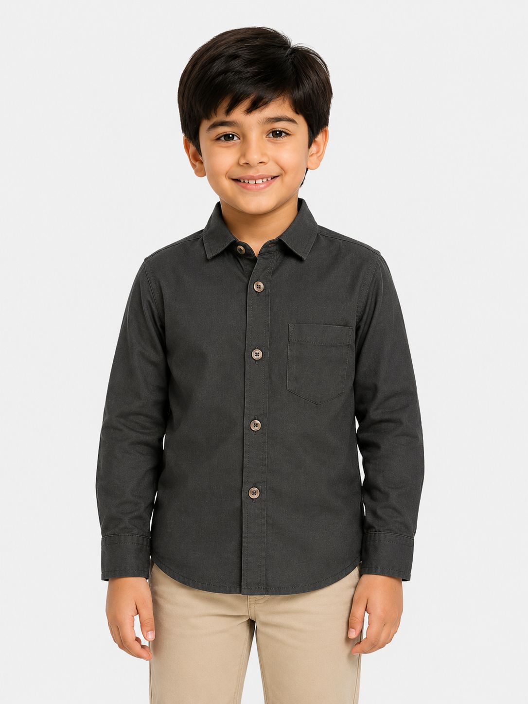 Boys' Solid Charcoal Grey Long Sleeve Button Down Shirt