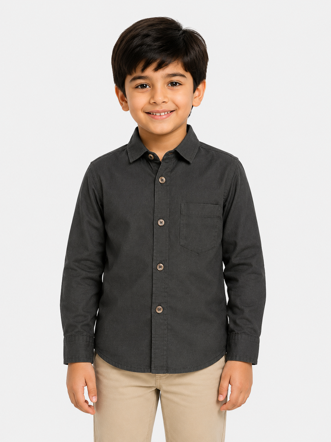 Boys' Solid Charcoal Grey Long Sleeve Button Down Shirt