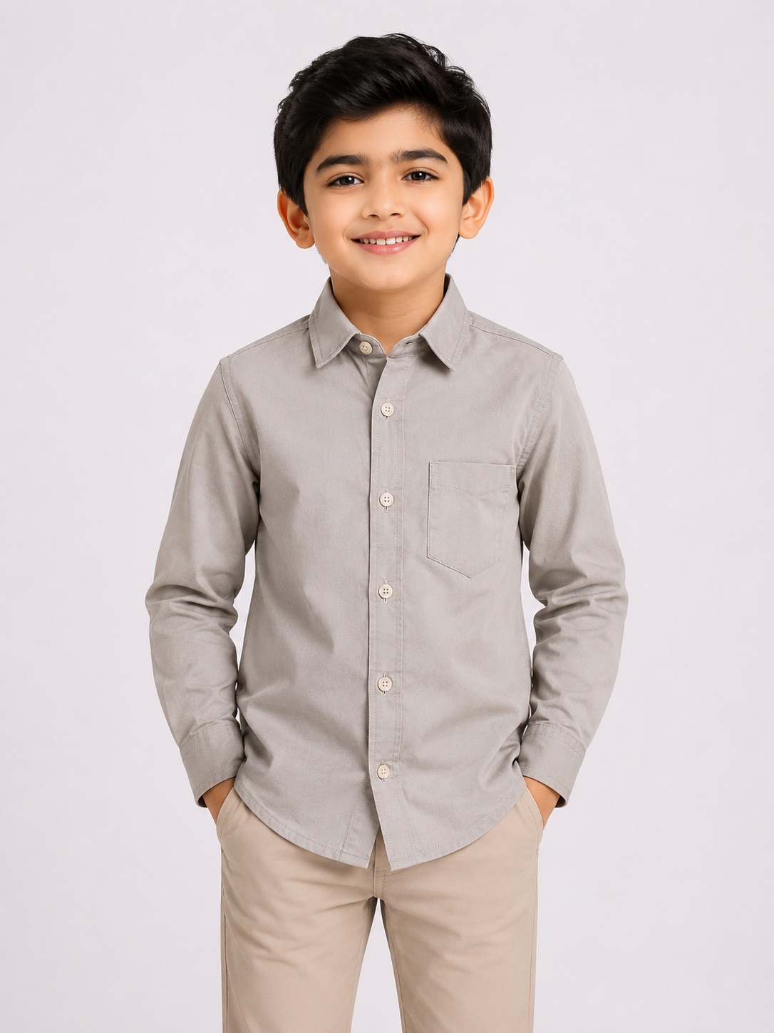 Boys Light Grey Solid Casual Cotton Shirt | Full Sleeves | Regular Fit