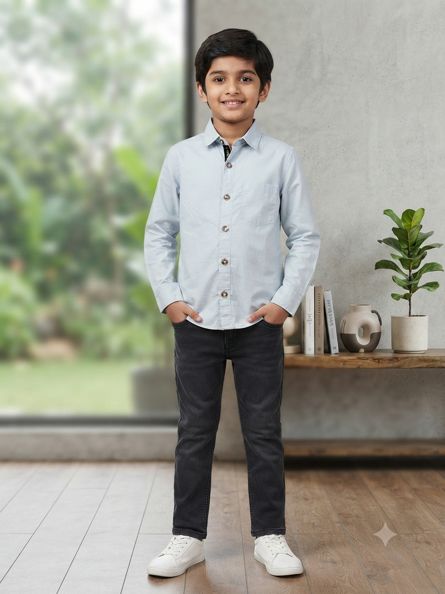 Boys Solid Short Sleeve Button Down Shirt (Light Blue)