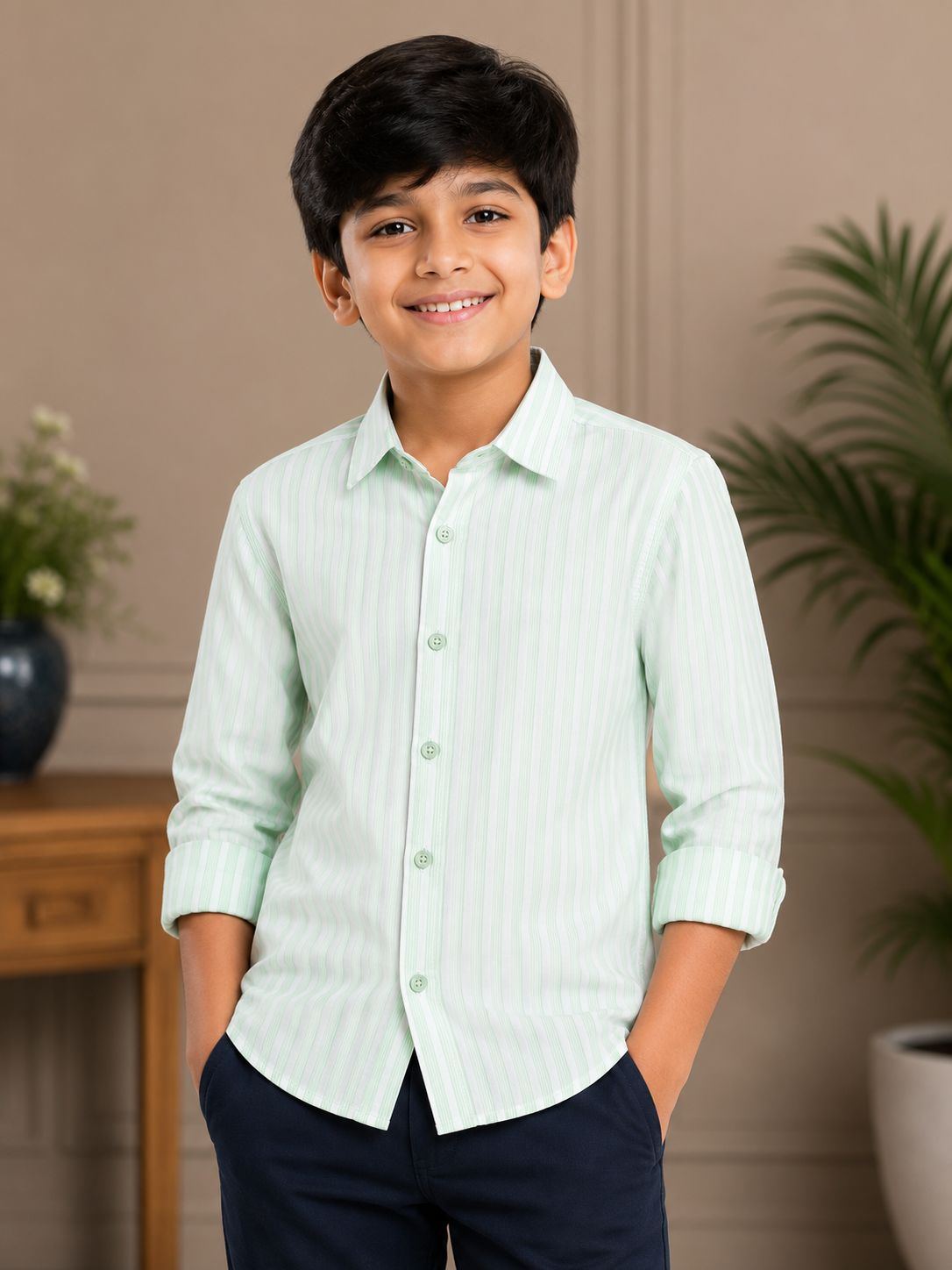 Boys' Light Green Striped Long Sleeve Button Down Shirt