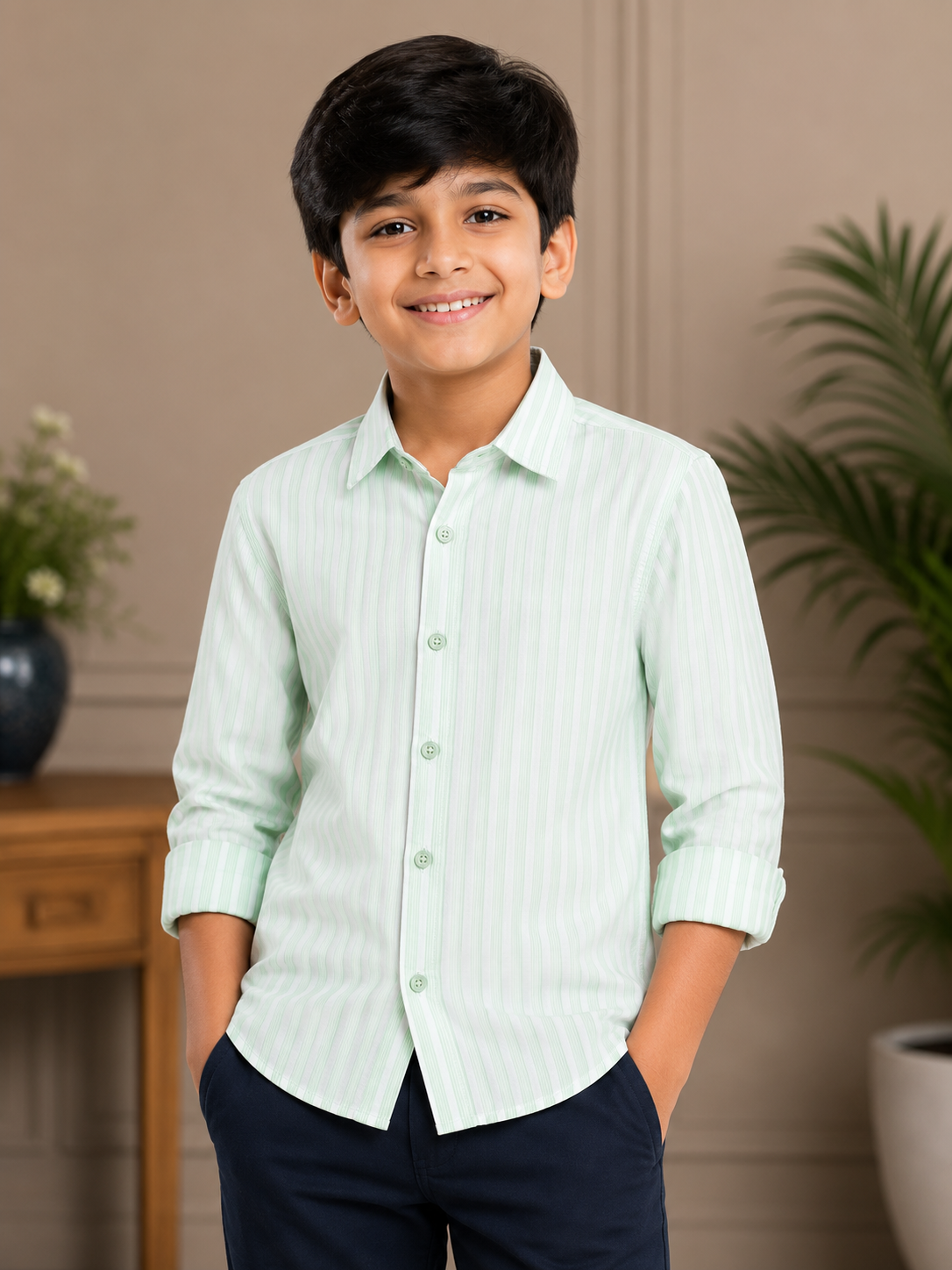 Boys' Light Green Striped Long Sleeve Button Down Shirt