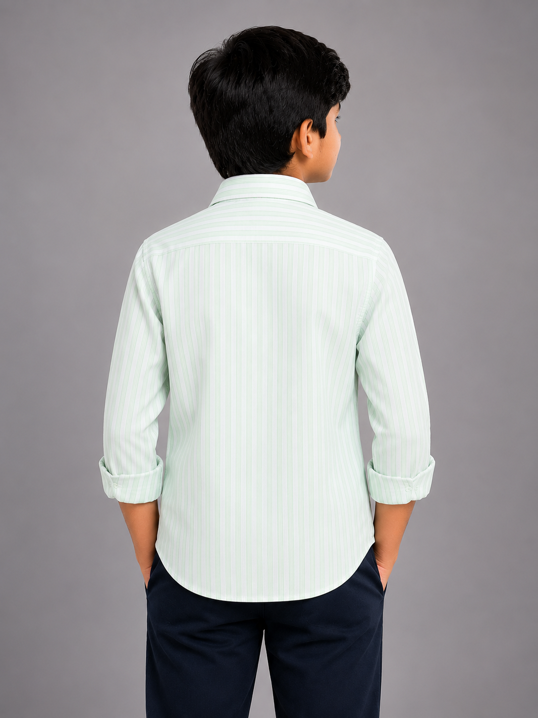 Boys' Light Green Striped Long Sleeve Button Down Shirt