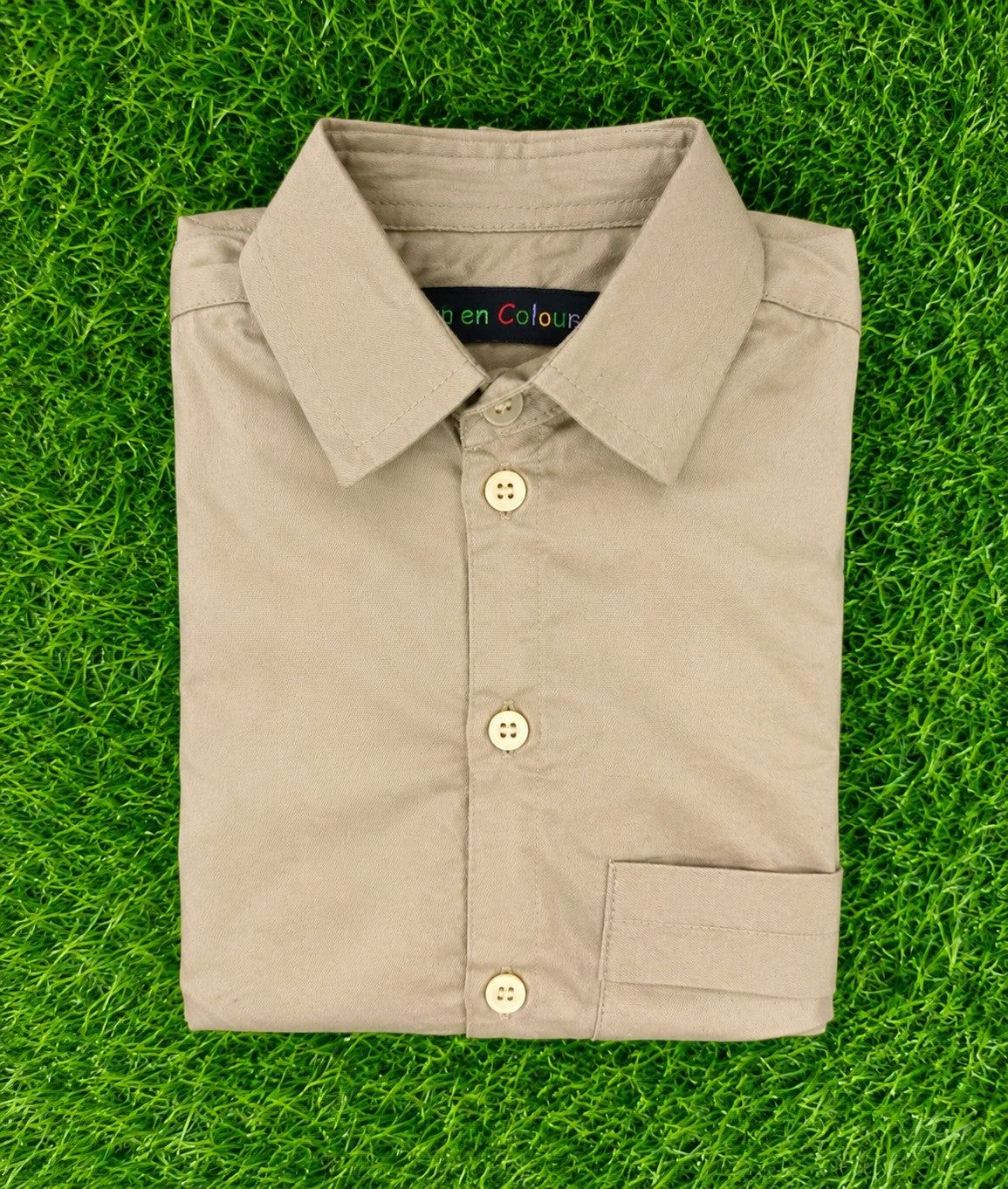 Boys' Solid Beige Long Sleeve Button Down Shirt