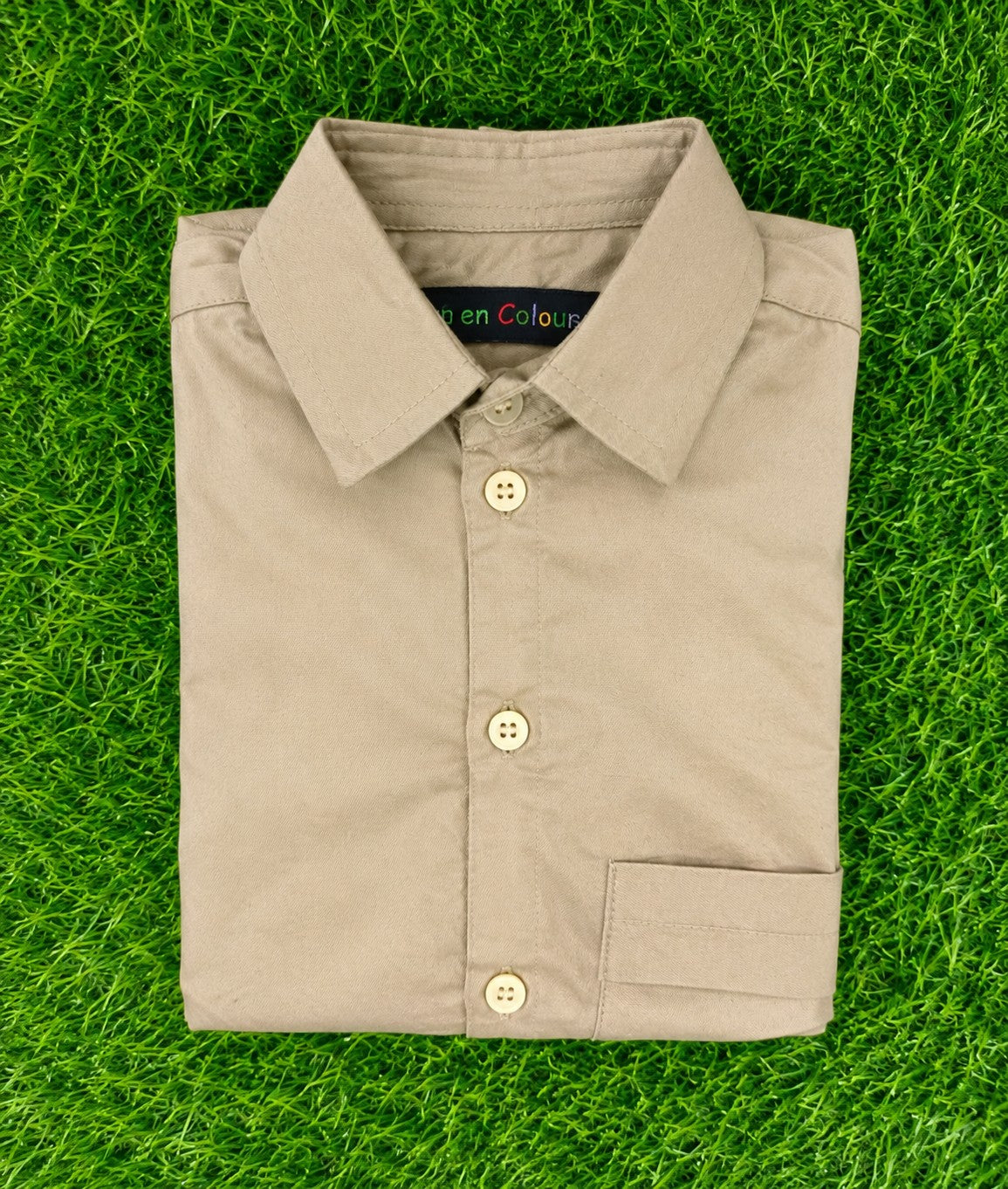Boys' Solid Beige Long Sleeve Button Down Shirt