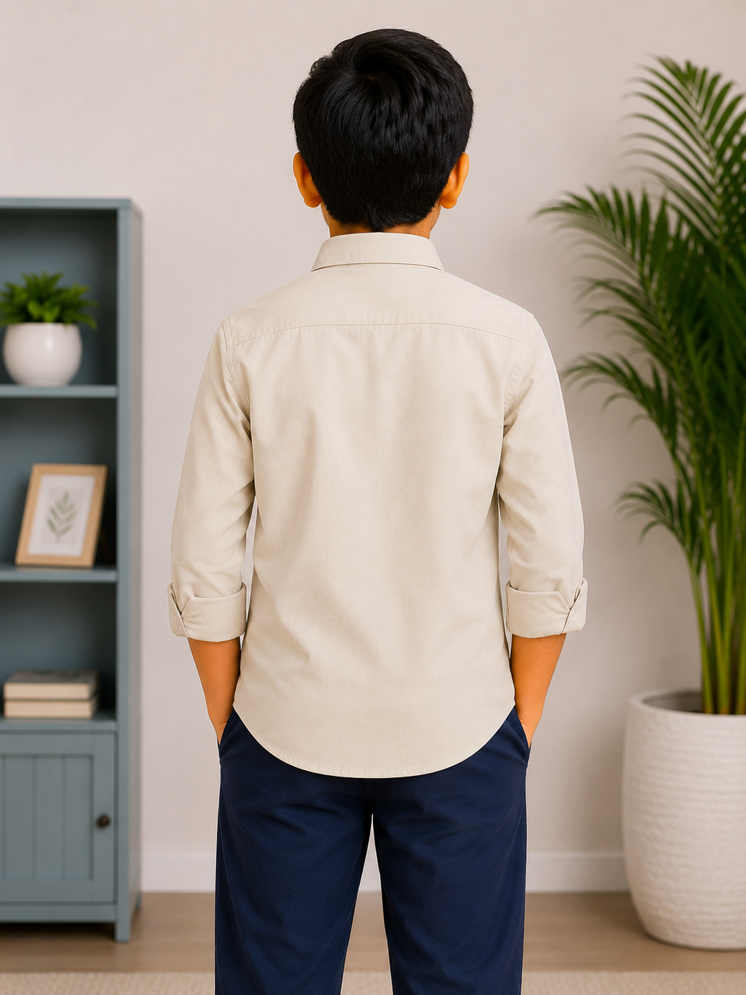 Boys' Solid Beige Long Sleeve Button Down Shirt
