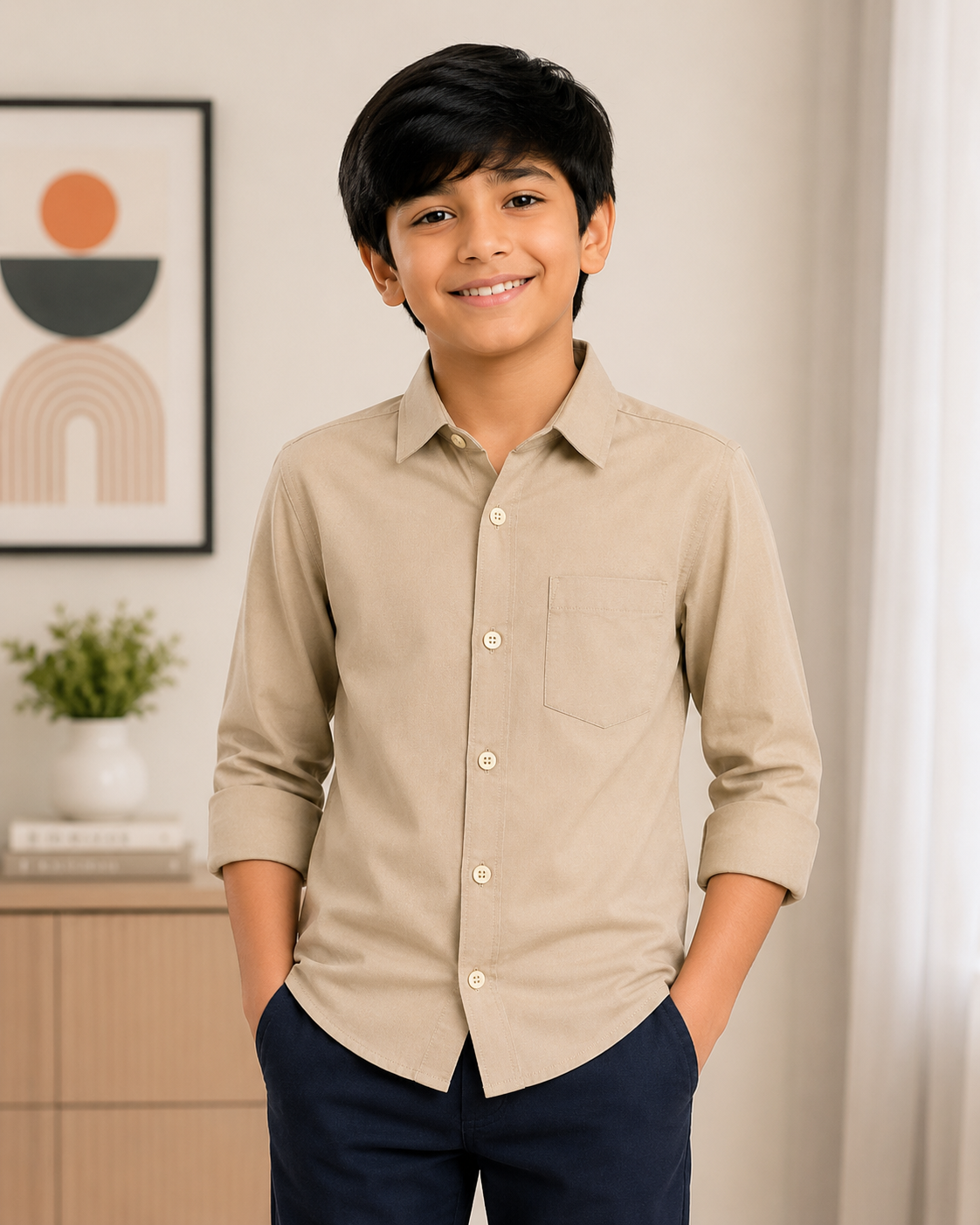 Boys' Solid Beige Long Sleeve Button Down Shirt