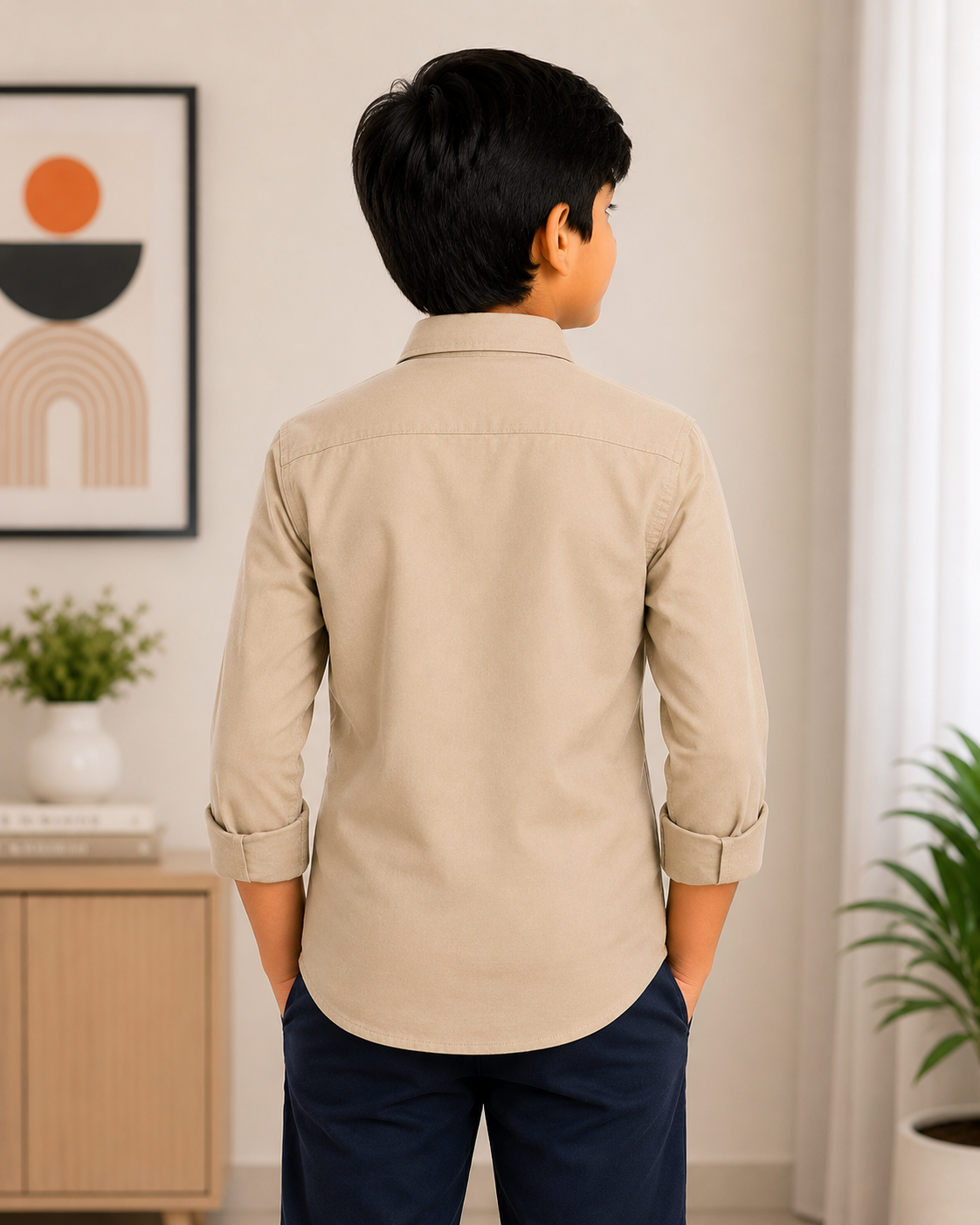 Boys' Solid Beige Long Sleeve Button Down Shirt