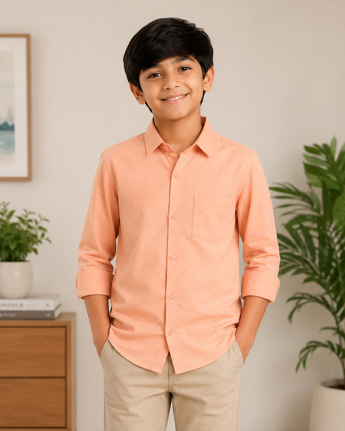 Boys' Solid Peach/Light Orange Long Sleeve Button Down Shirt