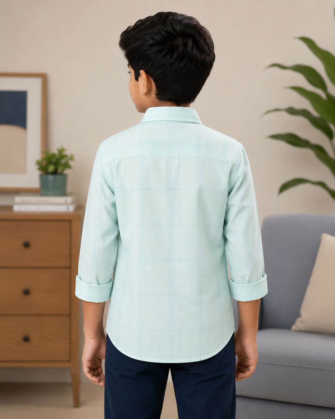 Boys Premium Mint Green Window Check Collared Shirt
