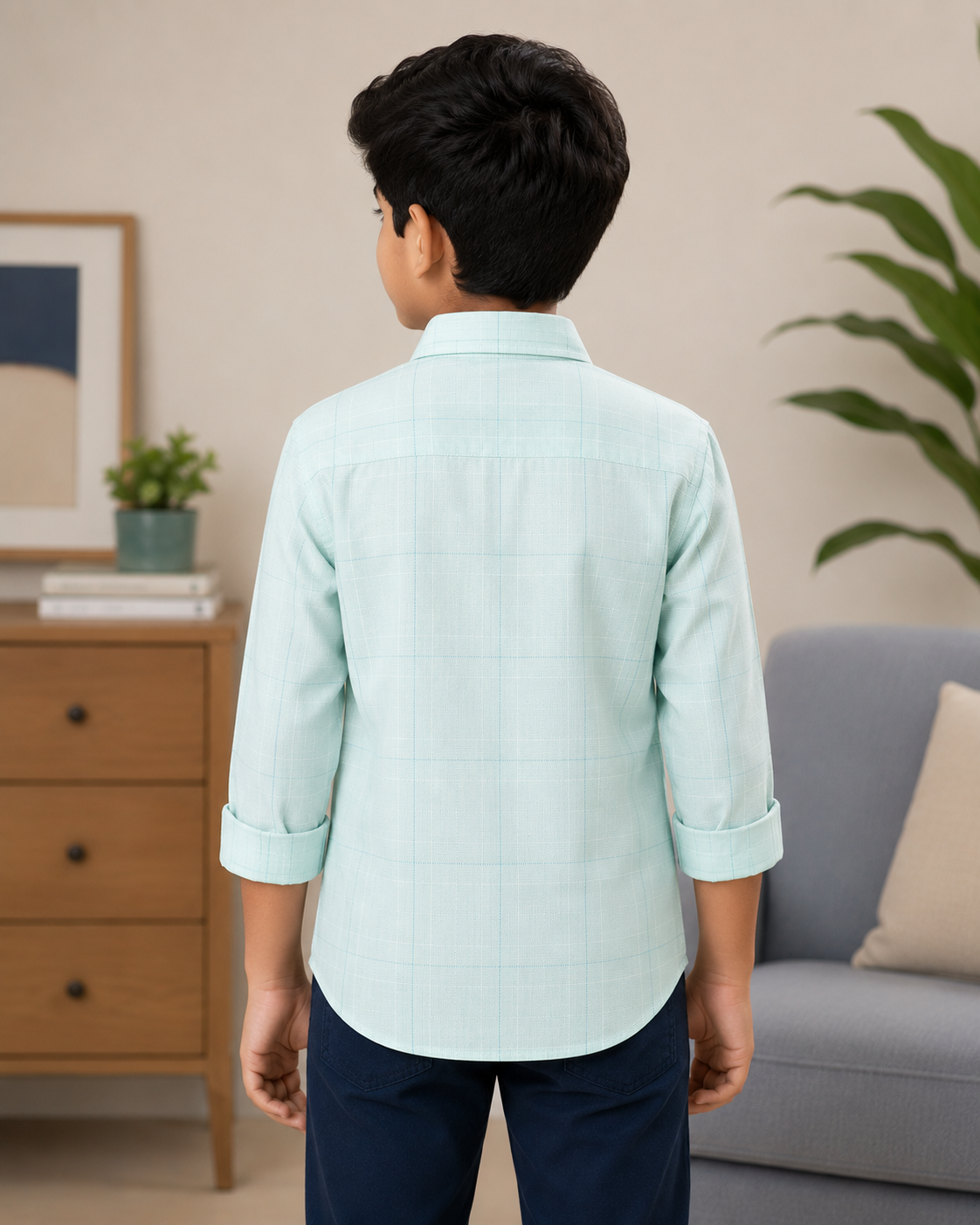 Boys Premium Mint Green Window Check Collared Shirt
