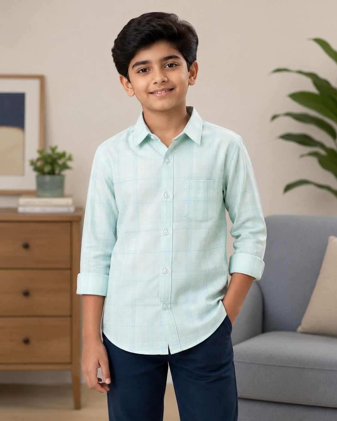 Boys Premium Mint Green Window Check Collared Shirt