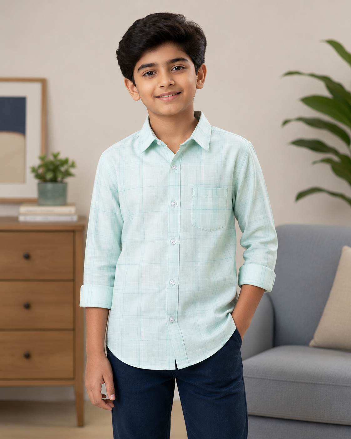 Boys Premium Mint Green Window Check Collared Shirt