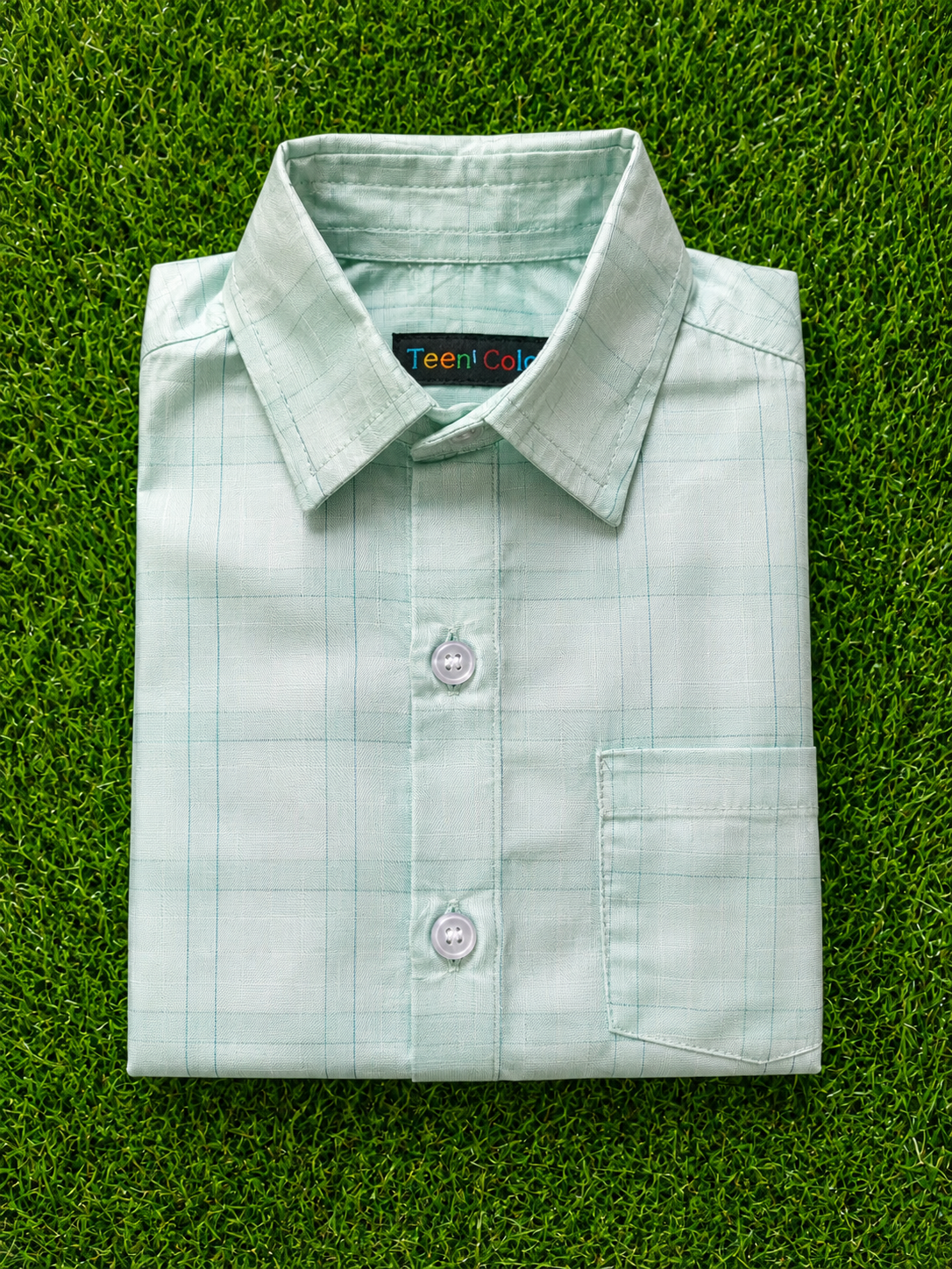 Boys Premium Mint Green Window Check Collared Shirt