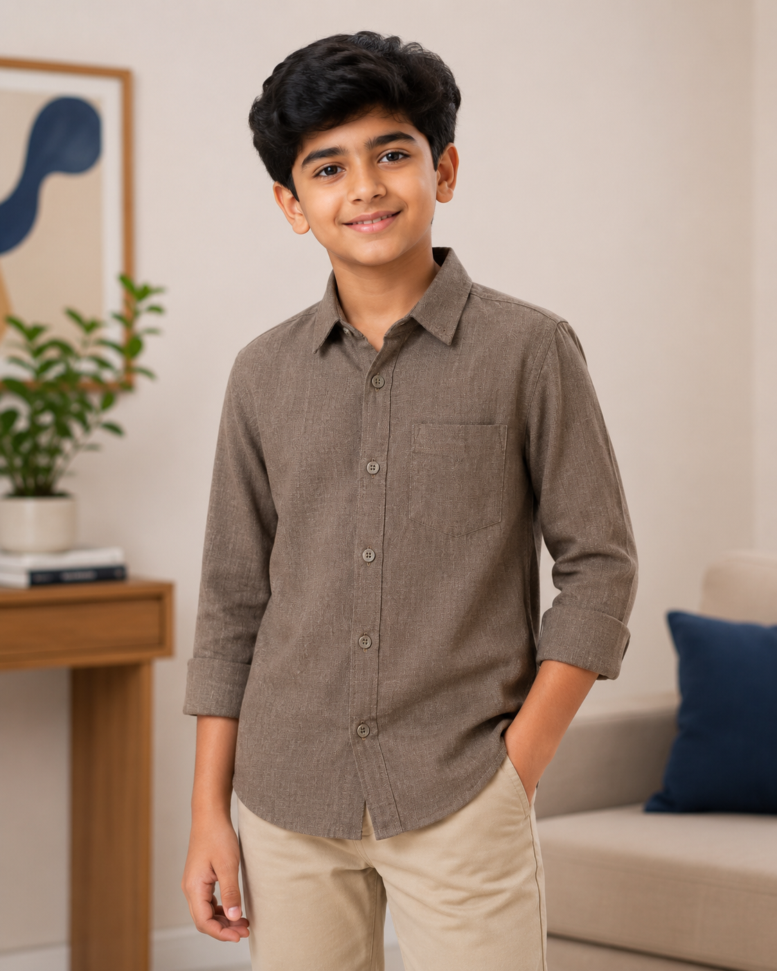 Boys Premium Taupe Brown Collared Casual Wear Shirt