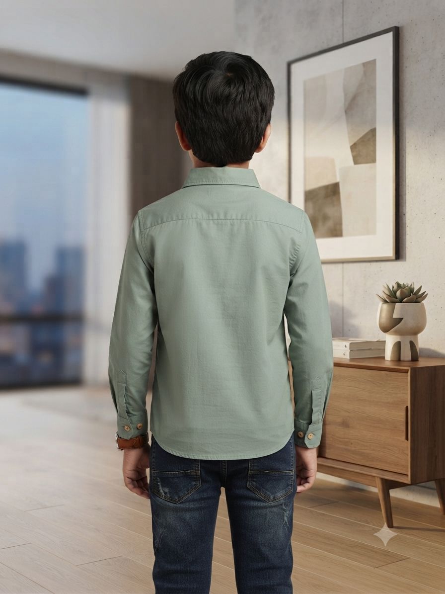 Boys Solid Long Sleeve Button Down Shirt (Sage Green)