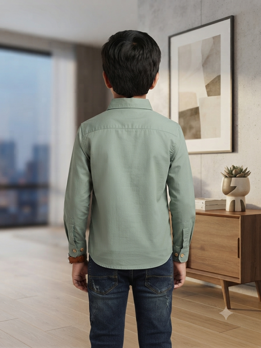 Boys Solid Long Sleeve Button Down Shirt (Sage Green)