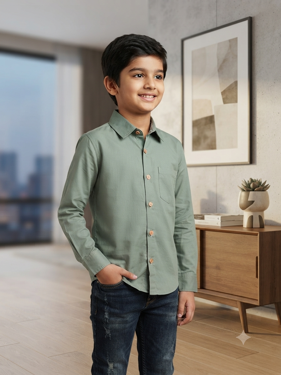 Boys Solid Long Sleeve Button Down Shirt (Sage Green)