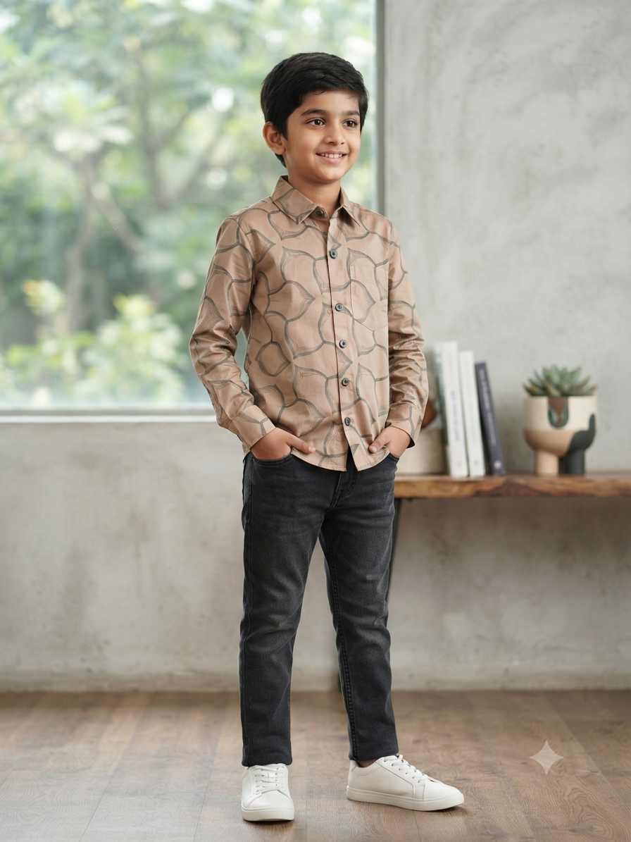 Boys Geometric Print Long Sleeve Button Down Shirt (Light Brown)