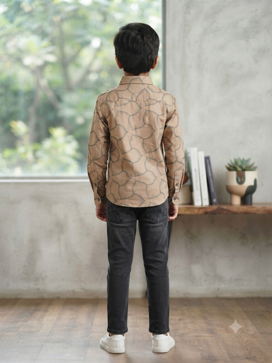 Boys Geometric Print Long Sleeve Button Down Shirt (Light Brown)
