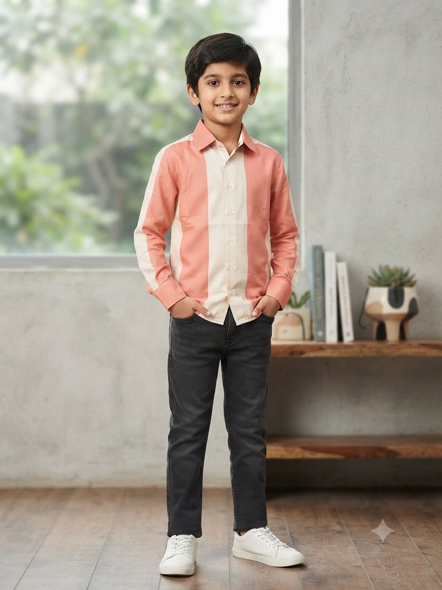 Boys Striped Long Sleeve Button Down Shirt (Peach and Cream)