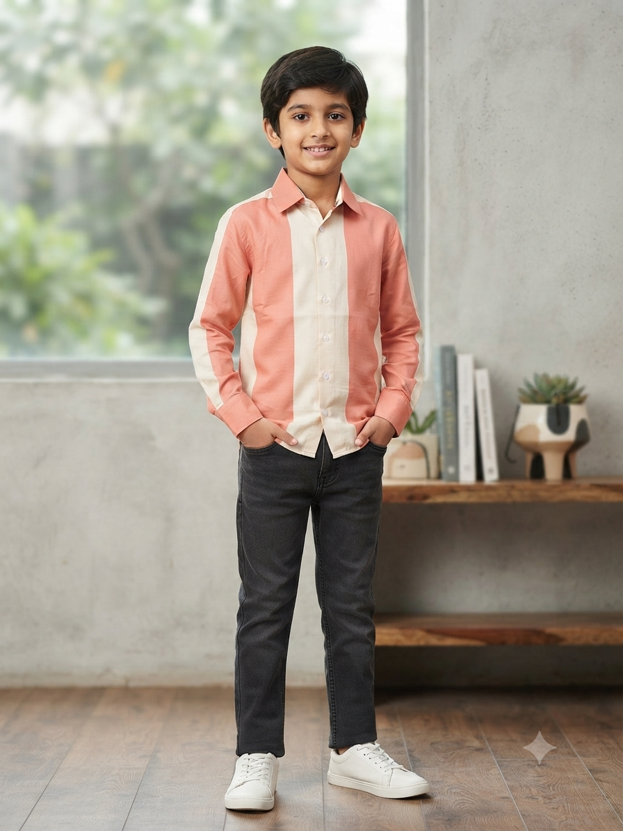 Boys Striped Long Sleeve Button Down Shirt (Peach and Cream)