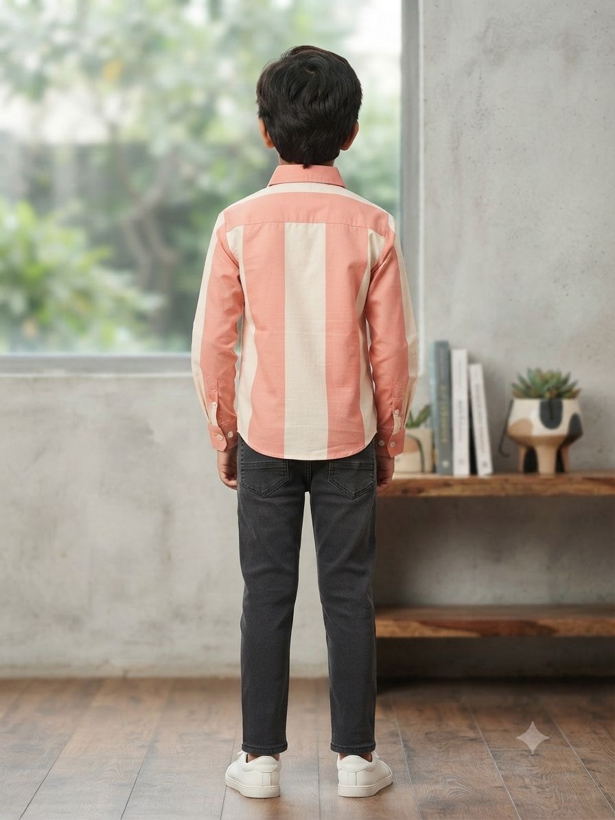 Boys Striped Long Sleeve Button Down Shirt (Peach and Cream)