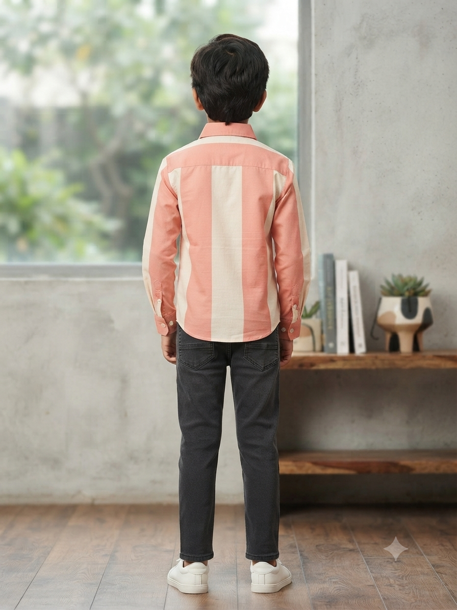 Boys Striped Long Sleeve Button Down Shirt (Peach and Cream)