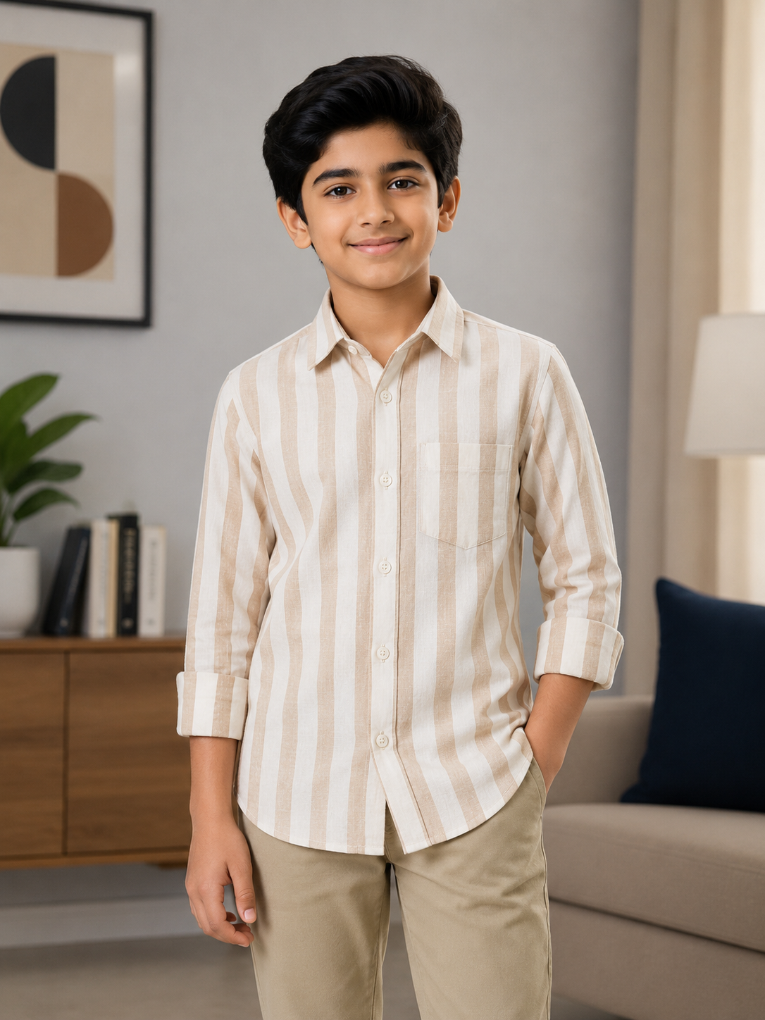 Boys Beige White Striped Collared Casual Wear Shirt
