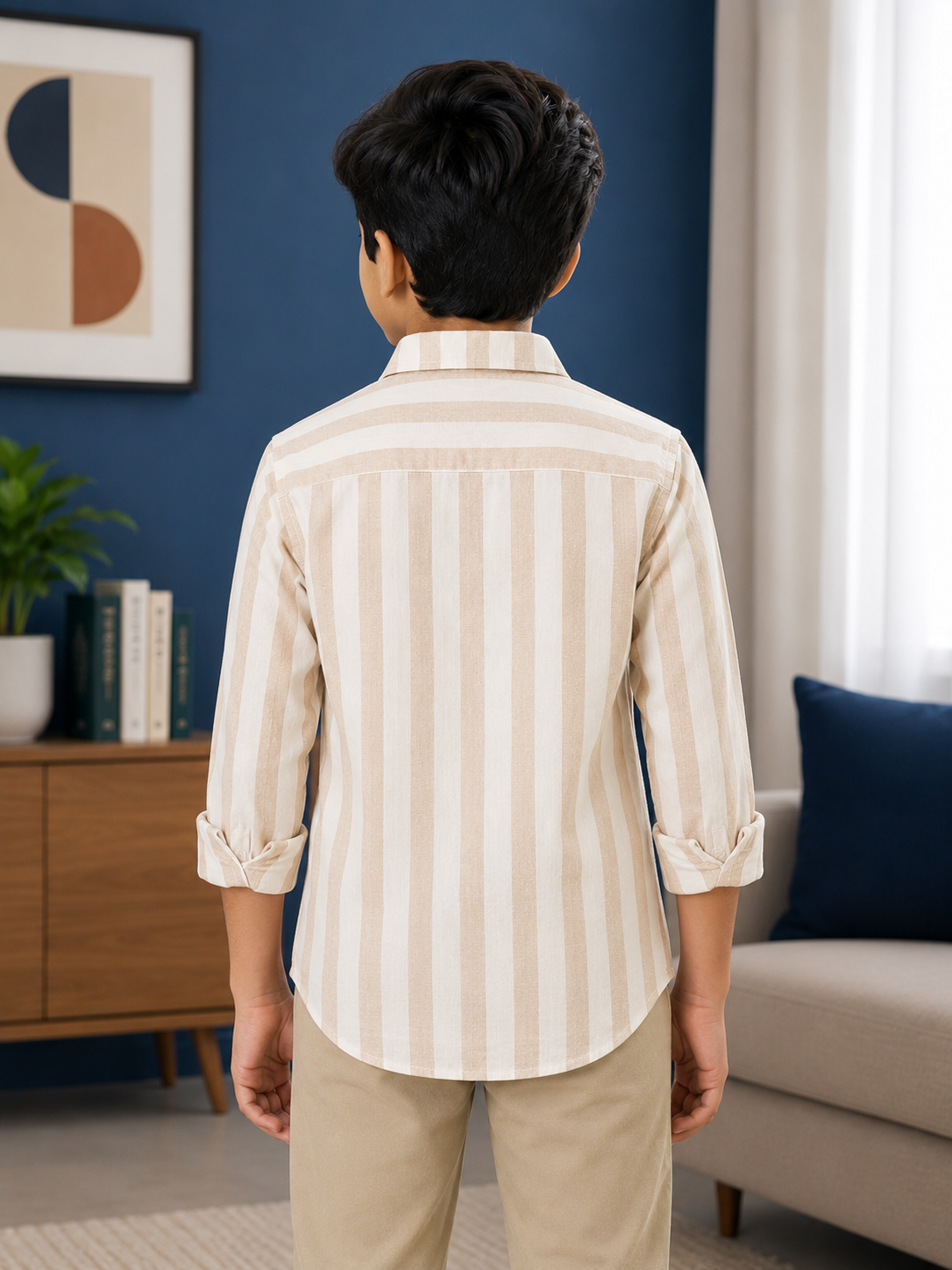 Boys Beige White Striped Collared Casual Wear Shirt