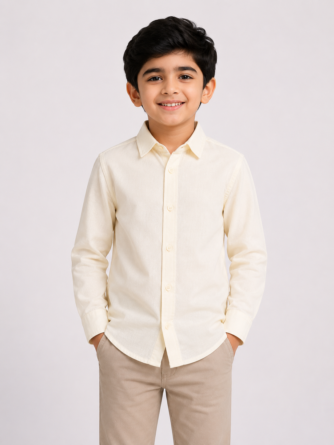 Boys' Solid Light Beige Long Sleeve Button Down Shirt