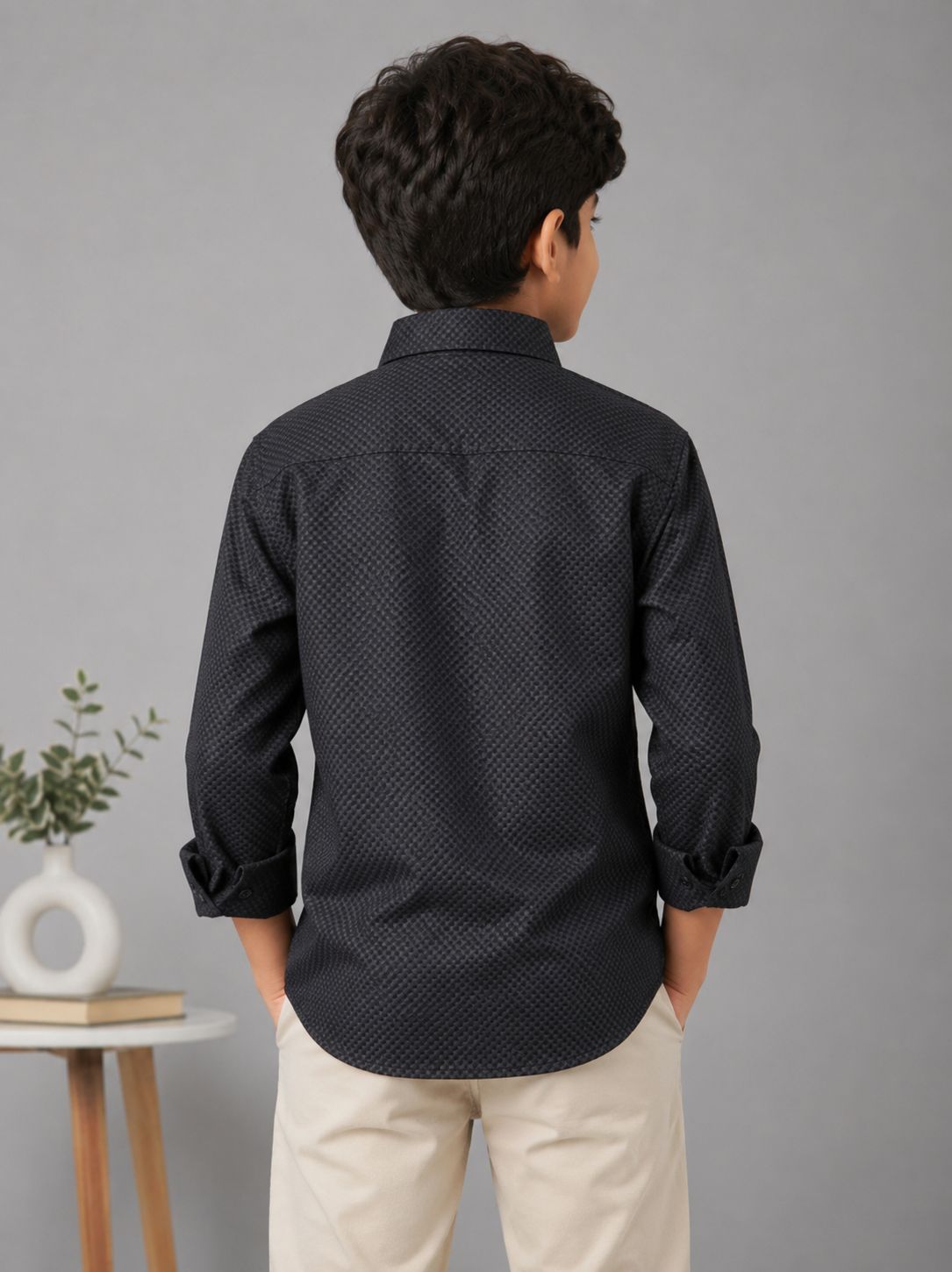 Boys Premium Black Textured Collared Shirt