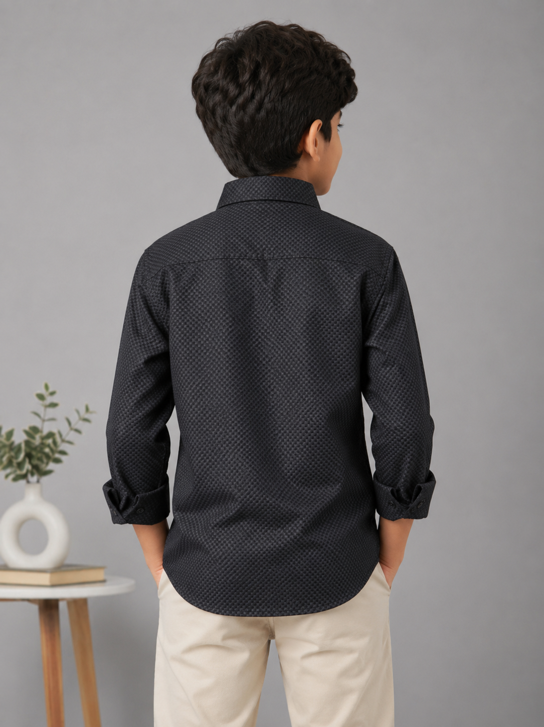Boys Premium Black Textured Collared Shirt