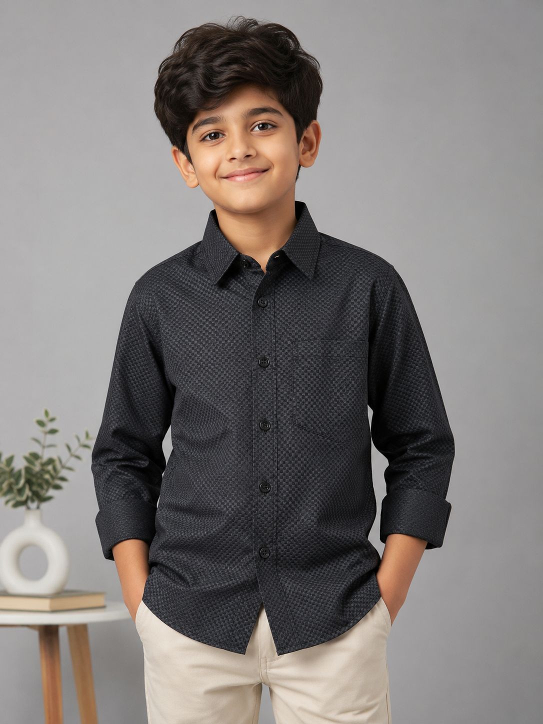 Boys Premium Black Textured Collared Shirt