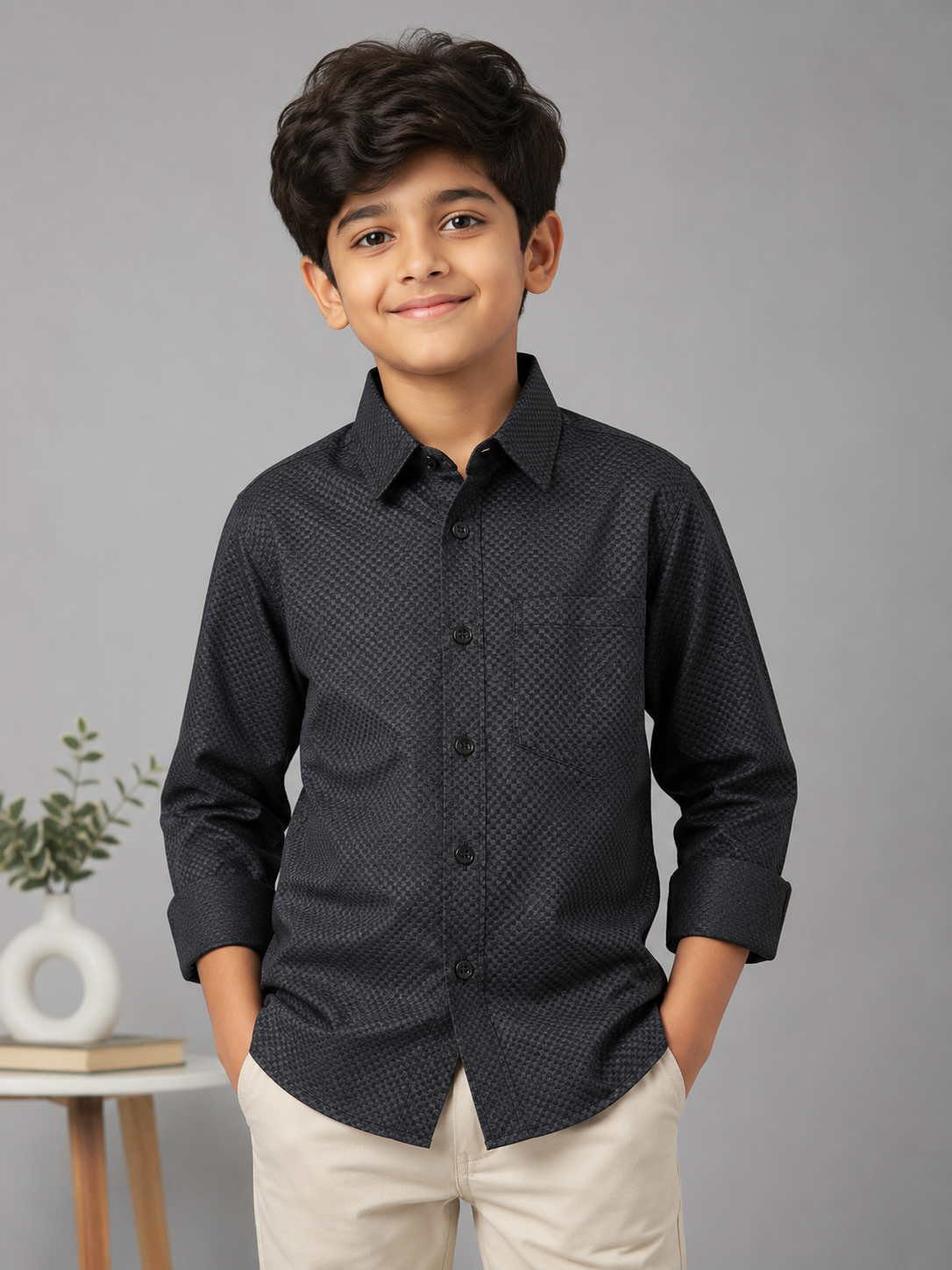 Boys Premium Black Textured Collared Shirt