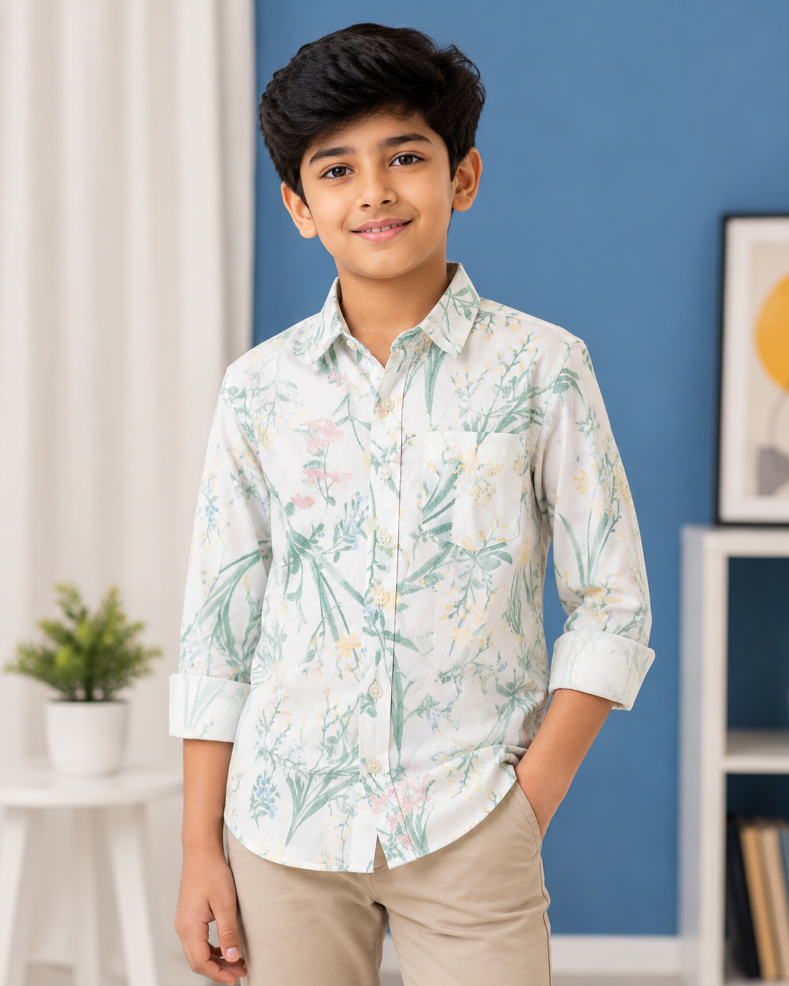 Boys White Floral Print Full Sleeve Casual Shirt