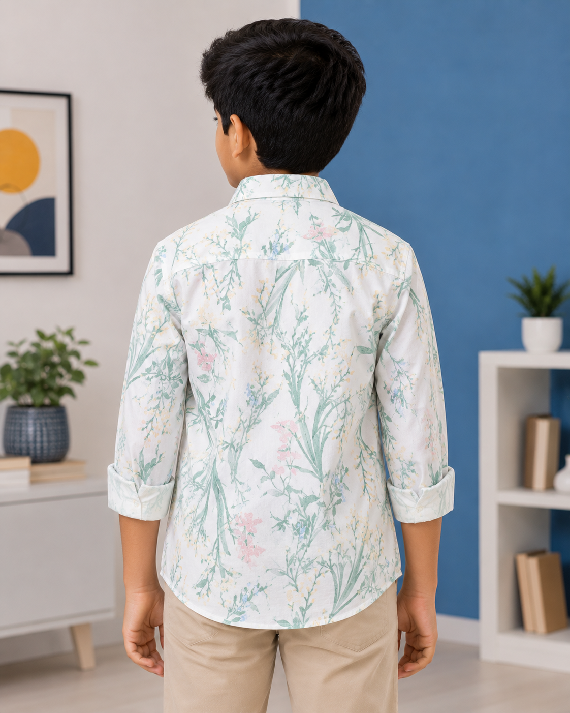 Boys White Floral Print Full Sleeve Casual Shirt