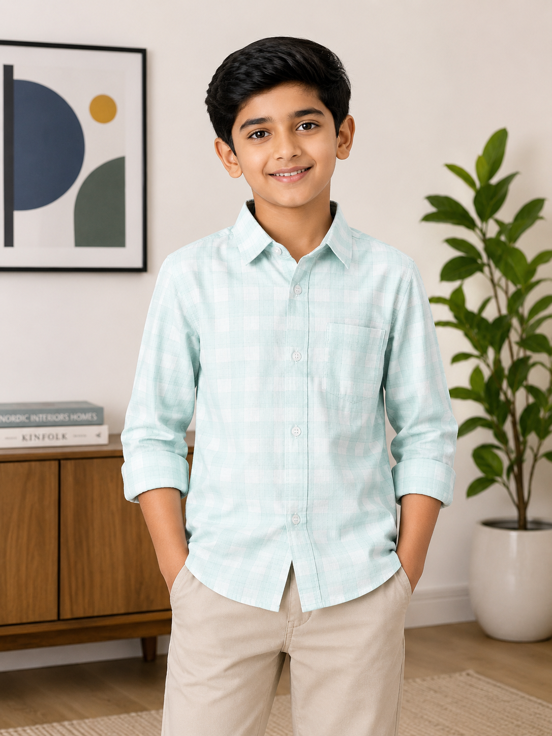 Boys Checked Long Sleeve Button Down Shirt (Light Green)