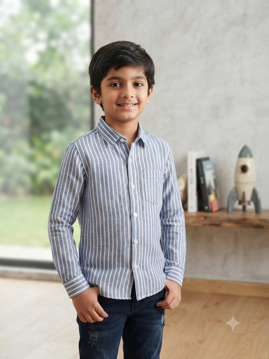 Boys Striped Long Sleeve Button Down Shirt (Blue and White)