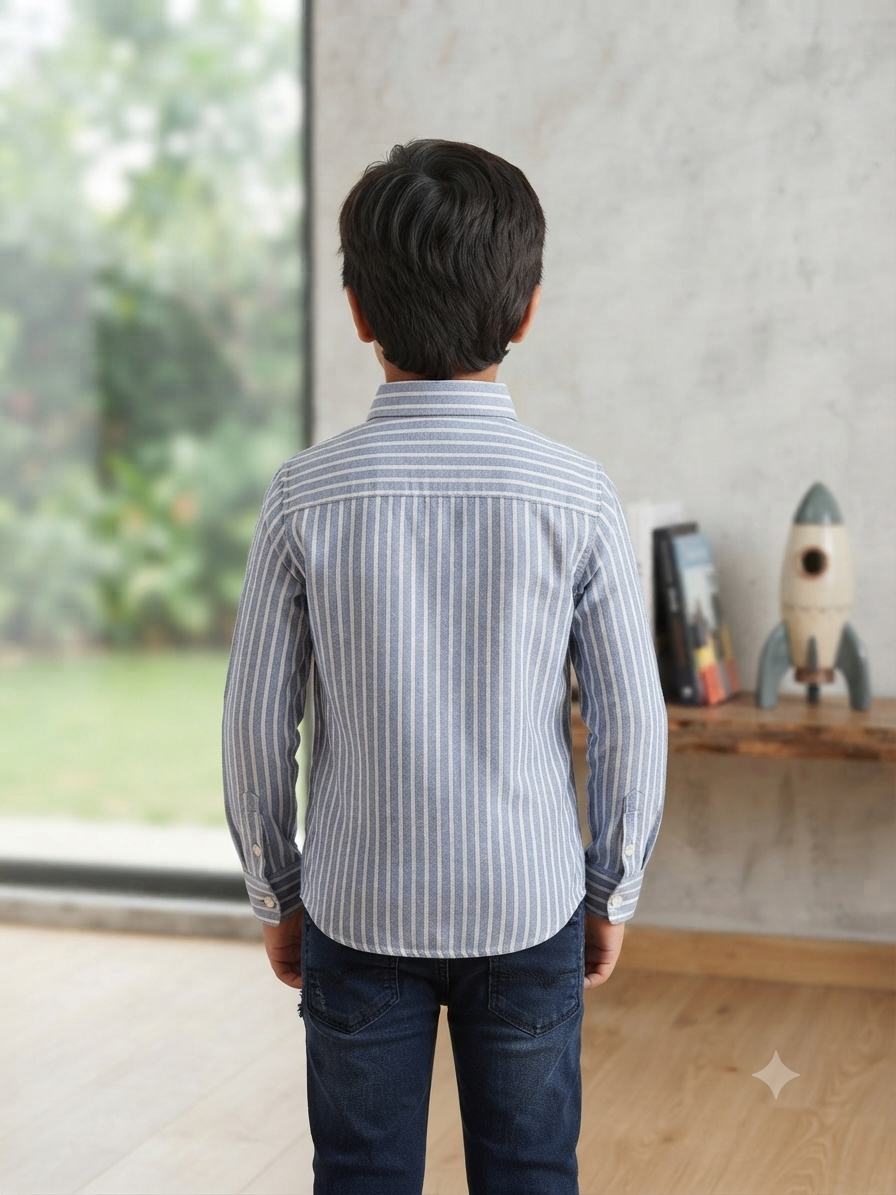 Boys Striped Long Sleeve Button Down Shirt (Blue and White)