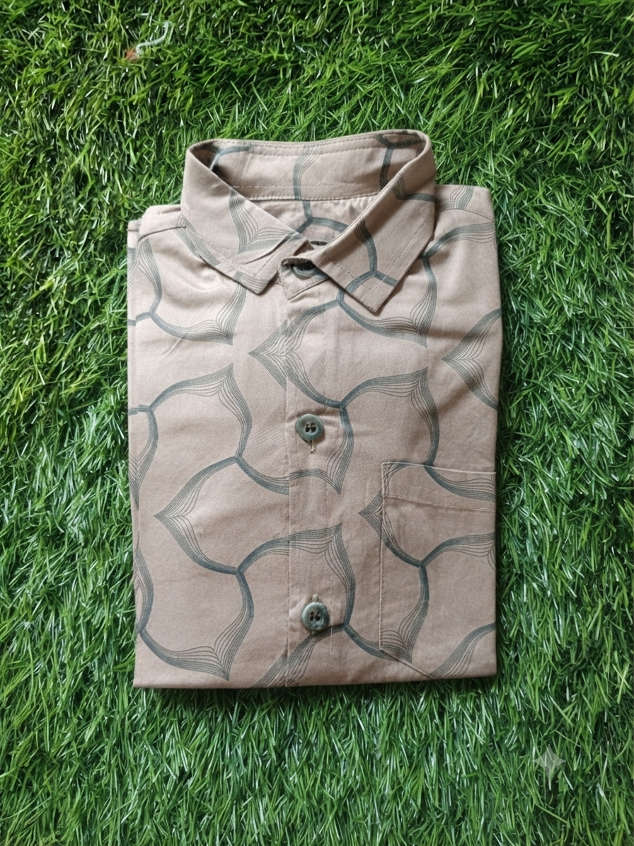 Boys Geometric Print Long Sleeve Button Down Shirt (Taupe Brown)