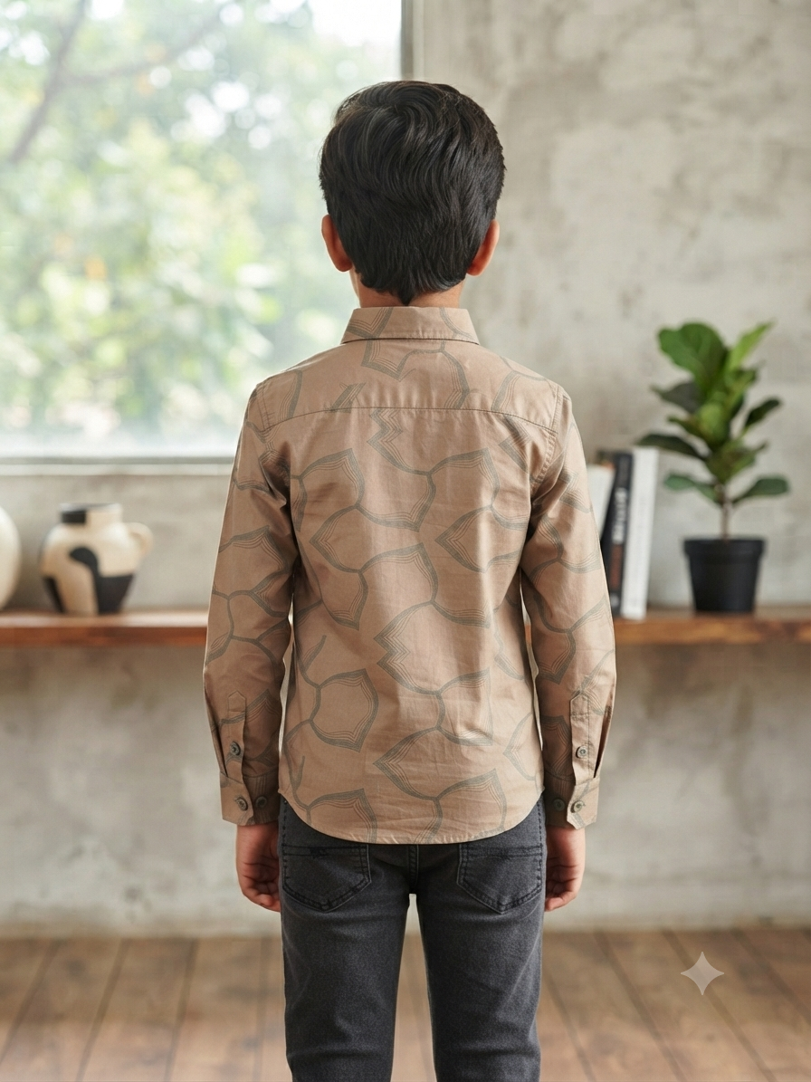 Boys Geometric Print Long Sleeve Button Down Shirt (Taupe Brown)