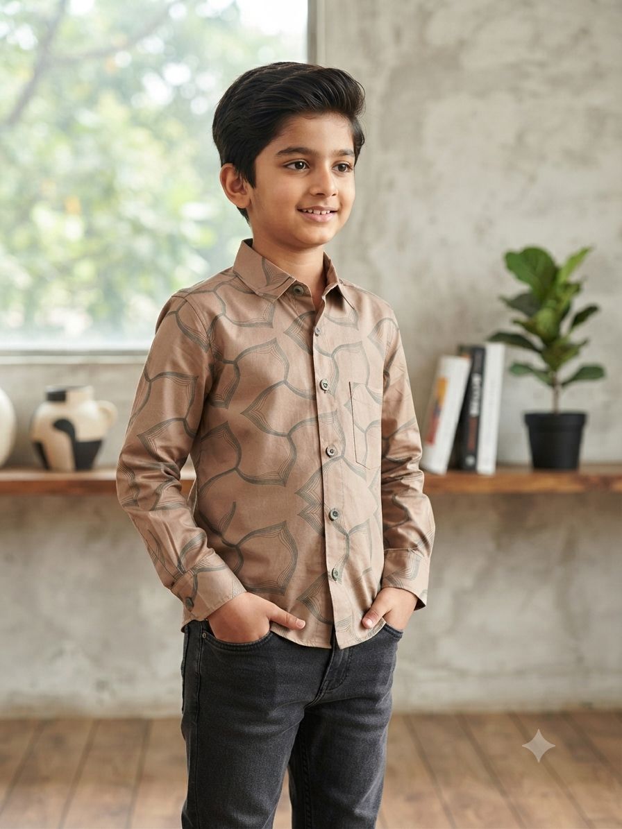 Boys Geometric Print Long Sleeve Button Down Shirt (Taupe Brown)
