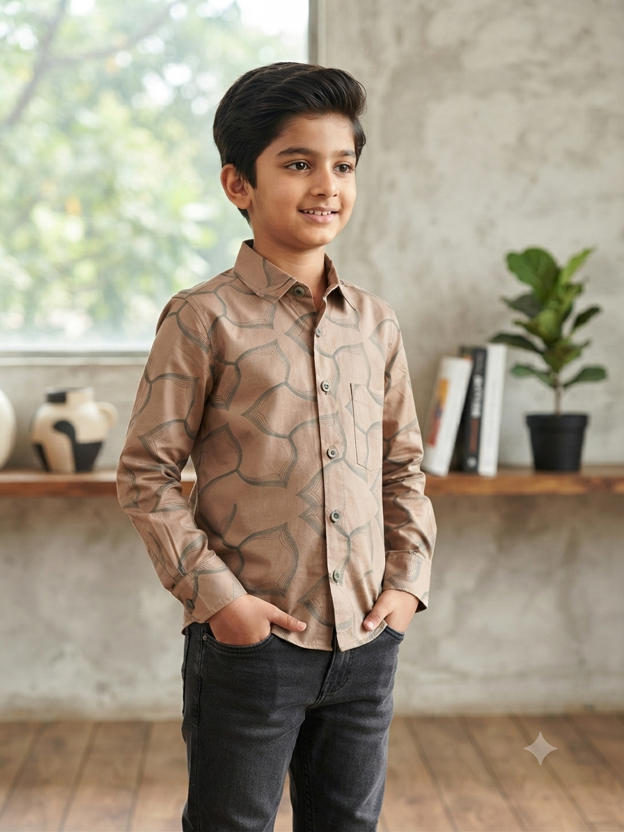 Boys Geometric Print Long Sleeve Button Down Shirt (Taupe Brown)