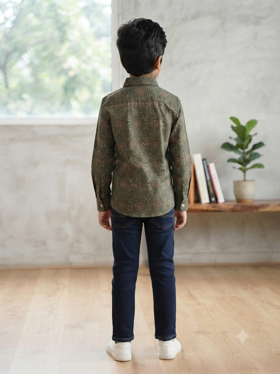 Boys Floral Print Long Sleeve Button Down Shirt (Olive Green)