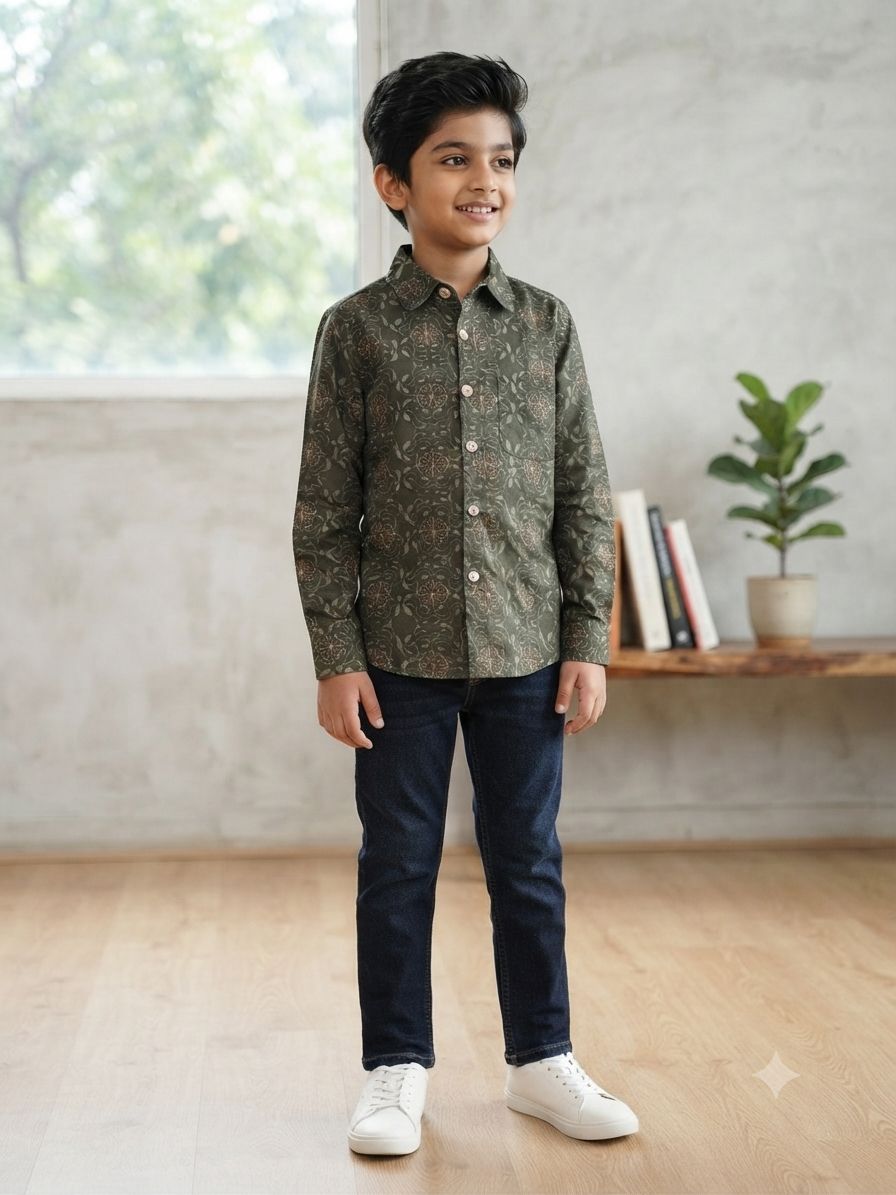 Boys Floral Print Long Sleeve Button Down Shirt (Olive Green)