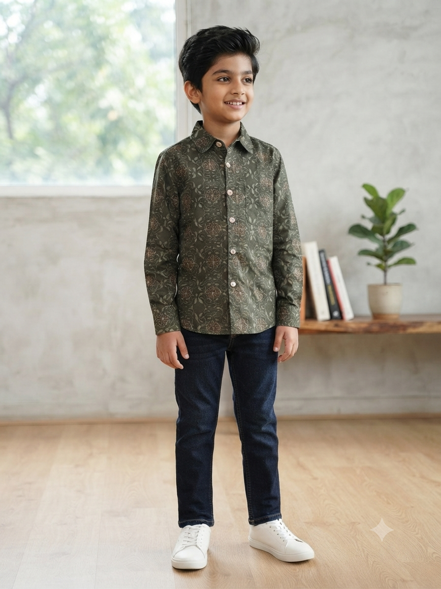 Boys Floral Print Long Sleeve Button Down Shirt (Olive Green)