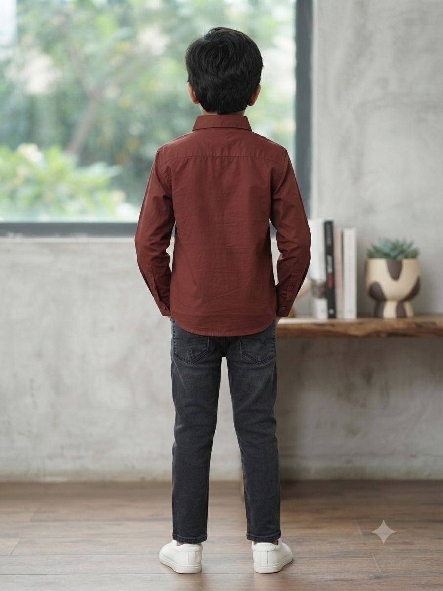 Boys Solid Long Sleeve Button Down Shirt (Brown)